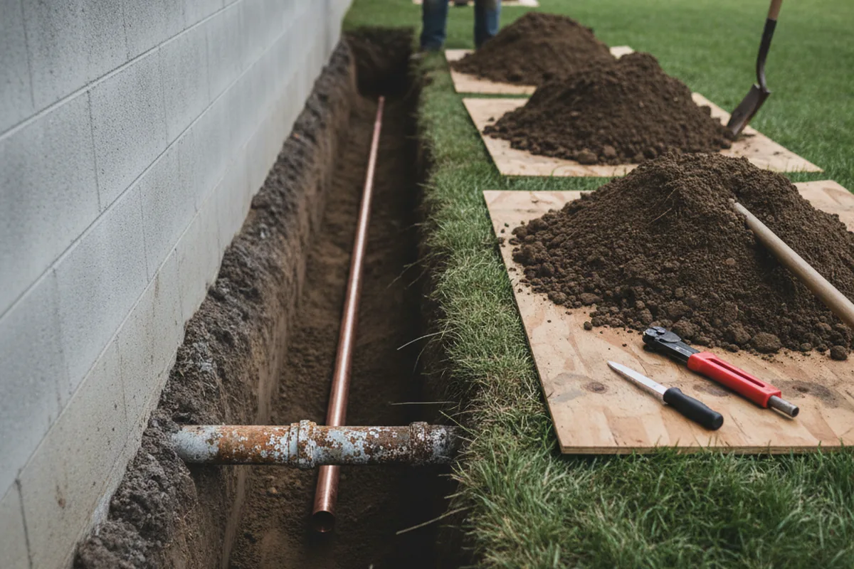 Excavated water line trench during Water Softener Installation in Piasa